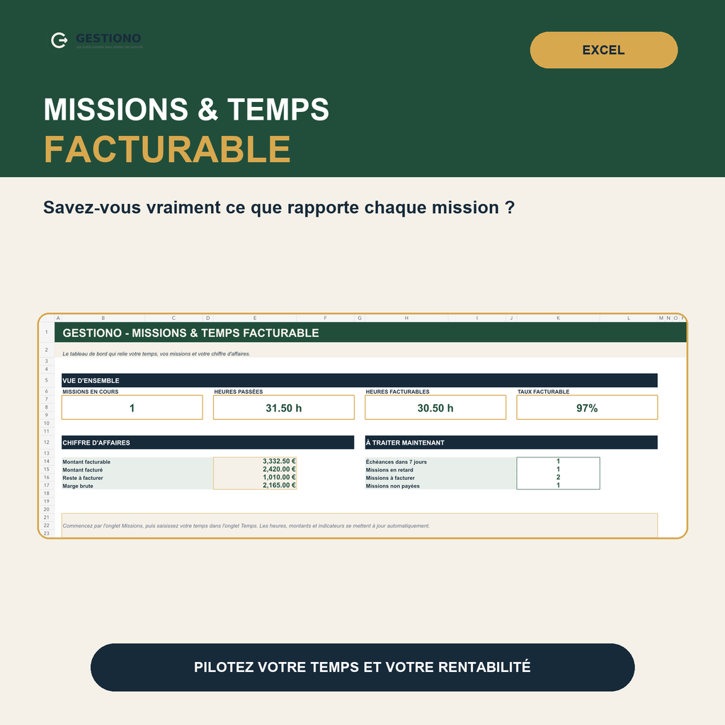 Tableau Excel de suivi des missions et du temps facturable Gestiono