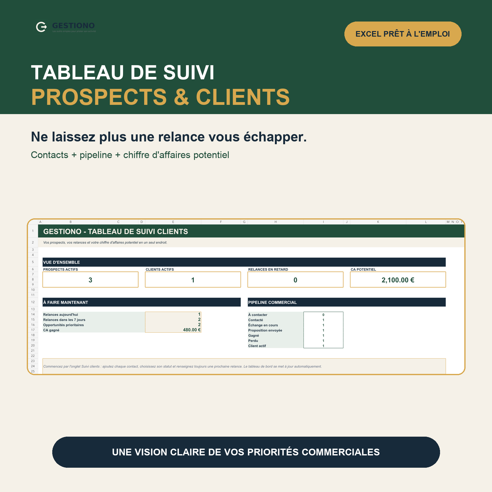 Tableau Excel Gestiono pour suivre prospects, clients, relances et chiffre d'affaires potentiel