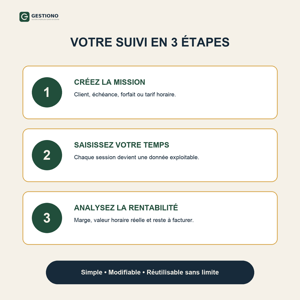 Méthode en trois étapes pour suivre missions, temps et rentabilité