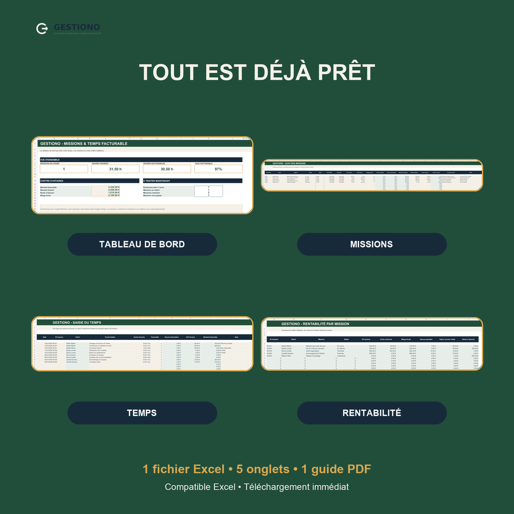 Contenu du modèle Excel Gestiono avec tableau de bord, missions, temps et rentabilité