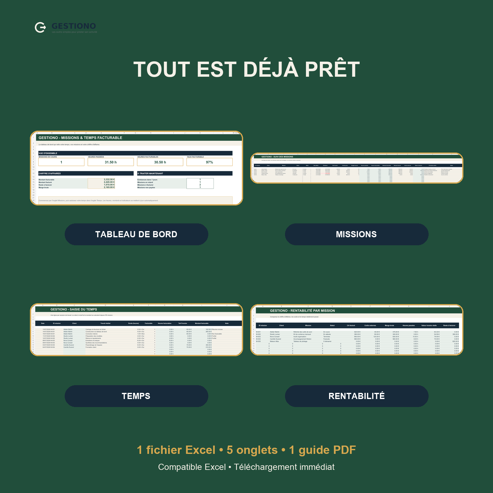 Contenu du modèle Excel Gestiono avec tableau de bord, missions, temps et rentabilité